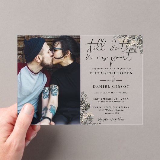 黒と金ゴールドゴシックバラフローラ写真結婚の アクリル招待状 (インサイチュ (ポータブル))