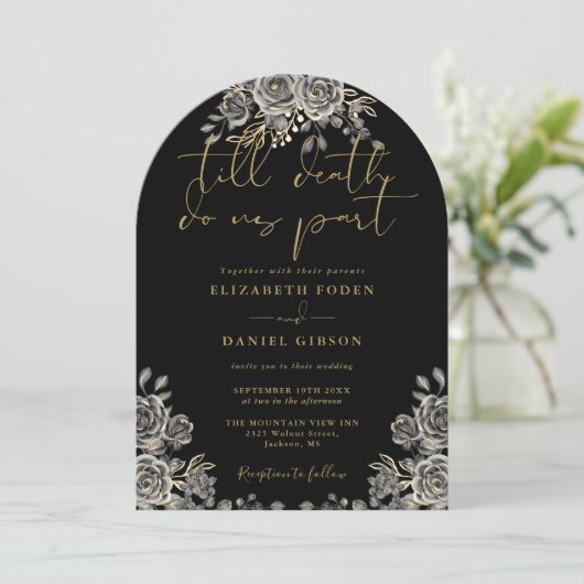 黒と金ゴールドゴシックバラフローラ写真結婚の 招待状 (スタンド正面)