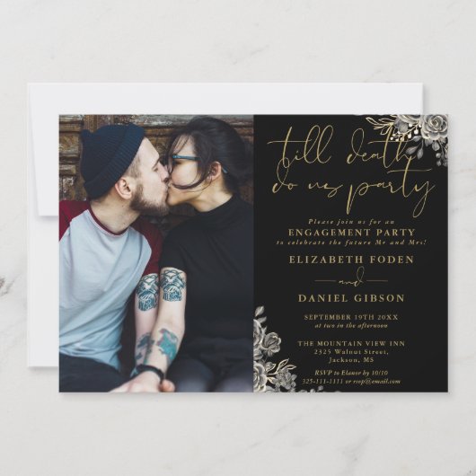 黒と金ゴールドゴシックフローラ写真婚約 招待状 (正面)