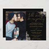 黒と金ゴールドゴシックフローラ写真婚約 招待状 (正面/裏面)