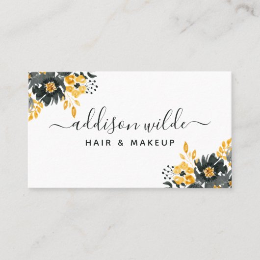 黒と金ゴールドシックなフローラモダン水色 名刺 (正面)