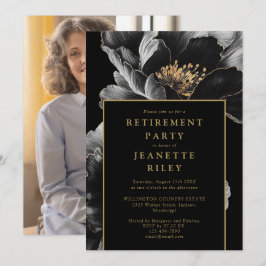 黒と金ゴールドシックなフローラ退職パーティー写真 招待状