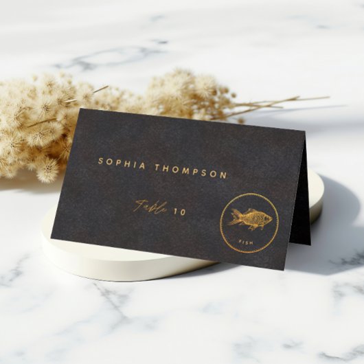 黒と金ゴールドシックな魚結婚の食べ物の選択 プレイスカード