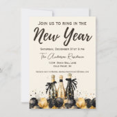 黒と金ゴールドシャンパンニューイヤーズイブパーティー 招待状 (正面)