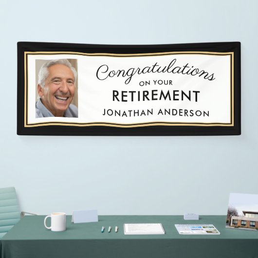 黒と金ゴールドシンプルの退職パーティー写真 横断幕 (トレードショー)