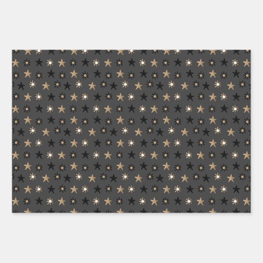 黒と金ゴールドスカンジナビアの星とストライプのクリスマス ラッピングペーパーシート (正面)