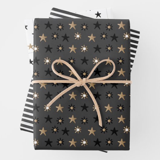 黒と金ゴールドスカンジナビアの星とストライプのクリスマス ラッピングペーパーシート (インサイチュ)