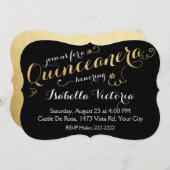 黒と金ゴールドスクリプトQuinceaenera 招待状 (正面/裏面)