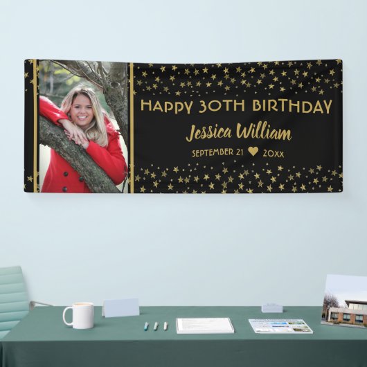 黒と金ゴールドスターズ30歳の誕生日カスタム写真 横断幕 (トレードショー)