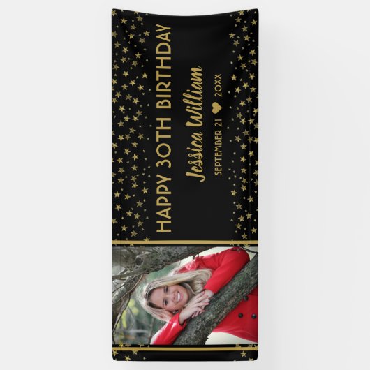 黒と金ゴールドスターズ30歳の誕生日カスタム写真 横断幕 (縦)