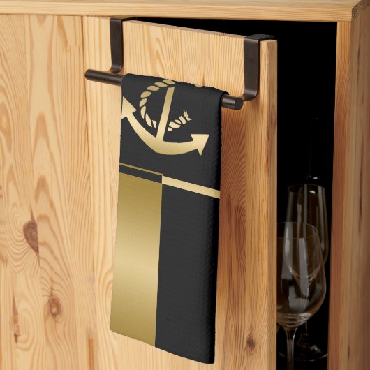 黒と金ゴールドストライプとボー航海のトいかり キッチンタオル (三つ折り)