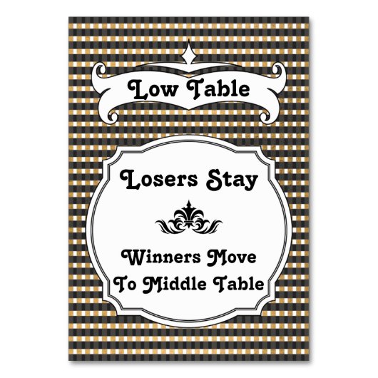 黒と金ゴールドストライプのプレイドバンコテーブルカード – 低 テーブルナンバー (裏面)