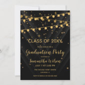 黒と金ゴールドストリングライト卒業パーティー 招待状 (正面)