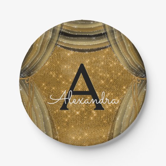 黒と金ゴールドスパークルカーテンモノグラム誕生日 ペーパープレート (正面)
