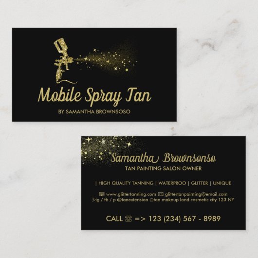 黒と金ゴールドスパークルモバイルタンニングスプレー 名刺 (正面/裏面)