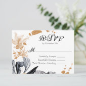 黒と金ゴールドスモークフラワーウェディングRSVP エンクロージャーカード (スタンド正面)