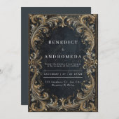 黒と金ゴールドスワールバロック結婚ズ 招待状 (正面/裏面)