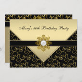 黒と金ゴールドスワール誕生日パーティー 招待状 (正面/裏面)