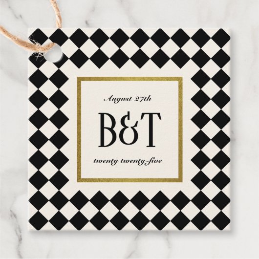 黒と金ゴールドチェッカ縁どボ結婚ード フェイバータグ (正面)