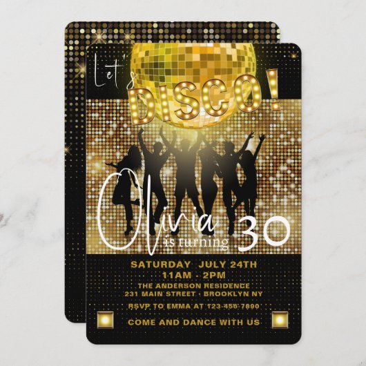 黒と金ゴールドディスコ任意の年齢の誕生日パーティー 招待状 (正面/裏面)