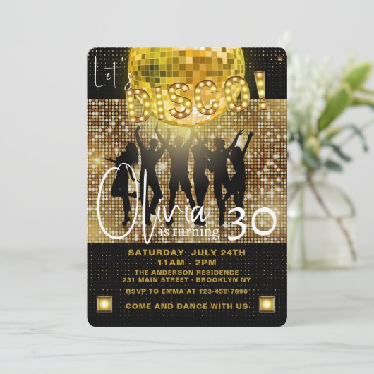 黒と金ゴールドディスコ任意の年齢の誕生日パーティー 招待状 (スタンド正面)