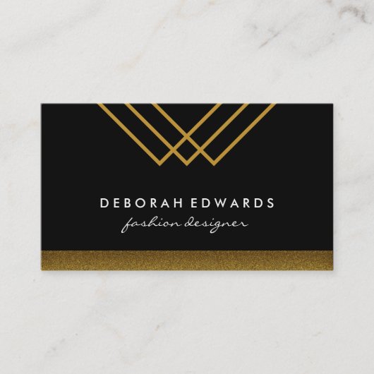 黒と金ゴールドトリムを使用したジオメトリ金ゴールド線 名刺 (正面)