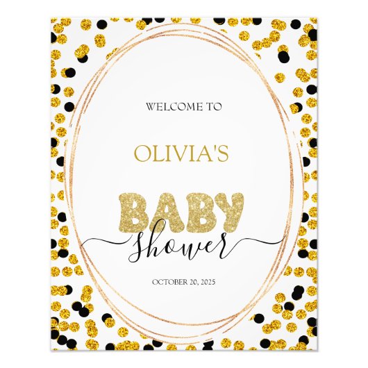 黒と金ゴールドドット赤ちゃんシャワー歓迎サイン フォトプリント            (正面)