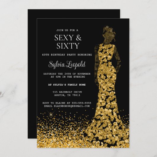 黒と金ゴールドドレスの女性60誕生日 招待状 (正面/裏面)