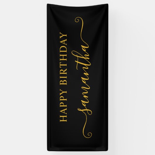 黒と金ゴールドハッピーバースデーかわいい署名名 横断幕 (縦)