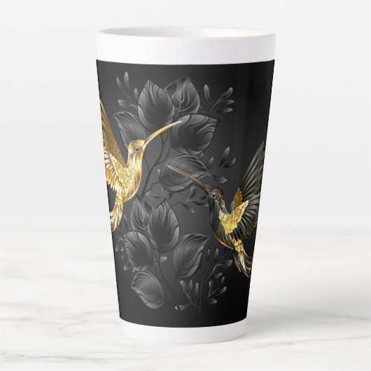 黒と金ゴールドハミングバード カフェラテマグ (正面)
