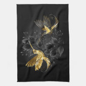 黒と金ゴールドハミングバード キッチンタオル (縦)