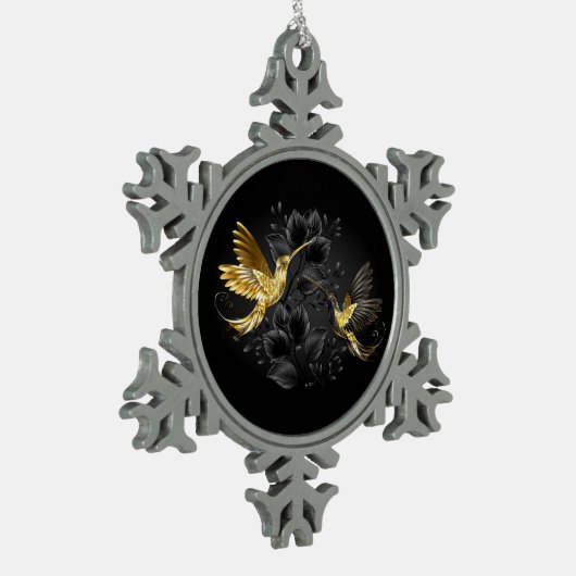 黒と金ゴールドハミングバード スノーフレークピューターオーナメント (左)