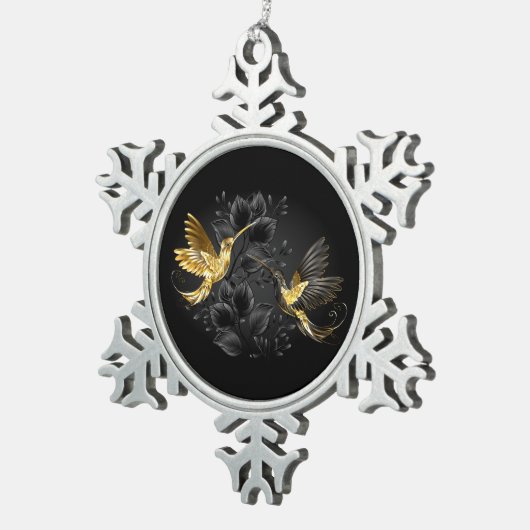 黒と金ゴールドハミングバード スノーフレークピューターオーナメント (右)