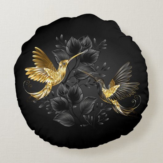 黒と金ゴールドハミングバード ラウンドクッション (裏面)