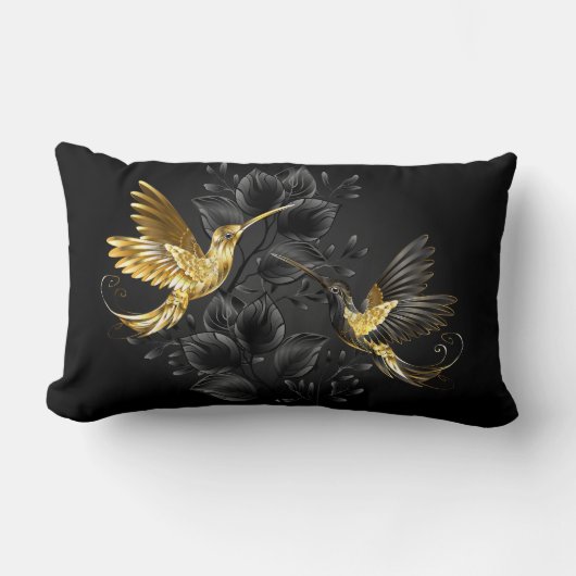 黒と金ゴールドハミングバード ランバークッション (正面)