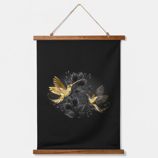 黒と金ゴールドハミングバード 吊り下げ型タペストリー (正面)