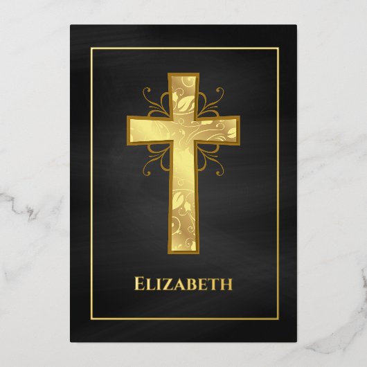 黒と金ゴールドバプテスマまたは《キリスト教》洗礼式や命名式フィリグリー 箔招待状 (正面)