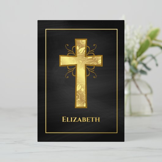 黒と金ゴールドバプテスマまたは《キリスト教》洗礼式や命名式フィリグリー 箔招待状 (立ち正面)