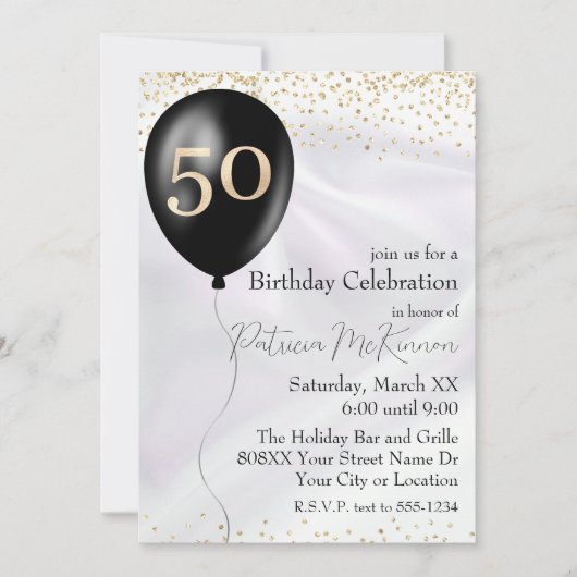 黒と金ゴールドバルーンホワイトサテン50誕生日 招待状 (正面)