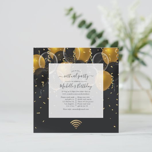 黒と金ゴールドバルーン仮想誕生日パーティー 招待状 (スタンド正面)