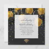 黒と金ゴールドバルーン仮想誕生日パーティー 招待状 (正面)