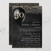 黒と金ゴールドバルーン50誕生日 招待状 (正面/裏面)