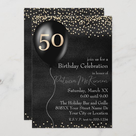 黒と金ゴールドバルーン50誕生日 招待状 (正面/裏面)