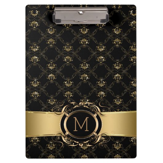 黒と金ゴールドバロックのダマスクのフレ華美ーム クリップボード (正面)