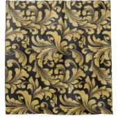 黒と金ゴールドバロックのフローラダマスクパターン シャワーカーテン (正面)