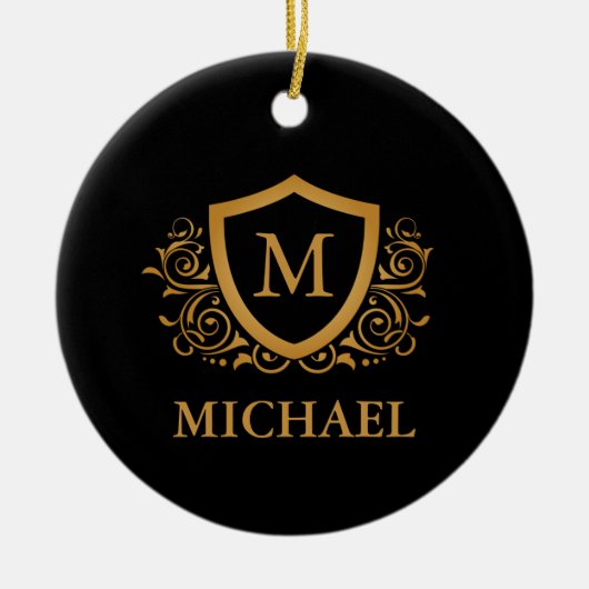黒と金ゴールドパーソナライズされたのスタイリッシュモノグラム名 セラミックオーナメント (正面)
