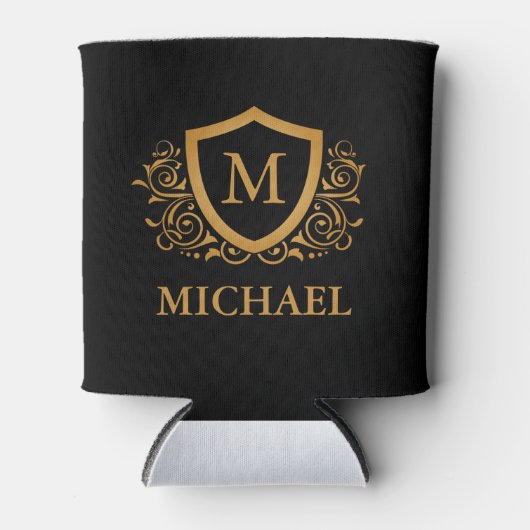 黒と金ゴールドパーソナライズされたのスタイリッシュモノグラム名 缶クーラー (正面)