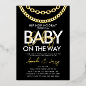 黒と金ゴールドヒップホップベビーシャワー 箔招待状 (正面)