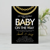 黒と金ゴールドヒップホップベビーシャワー 箔招待状 (立ち正面)