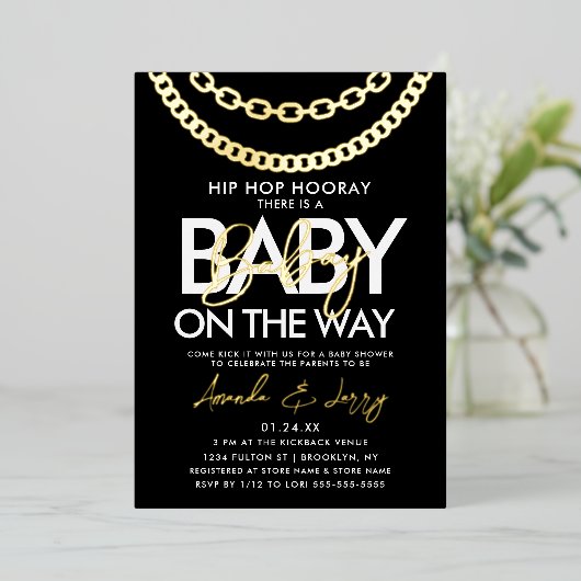 黒と金ゴールドヒップホップベビーシャワー 箔招待状 (立ち正面)